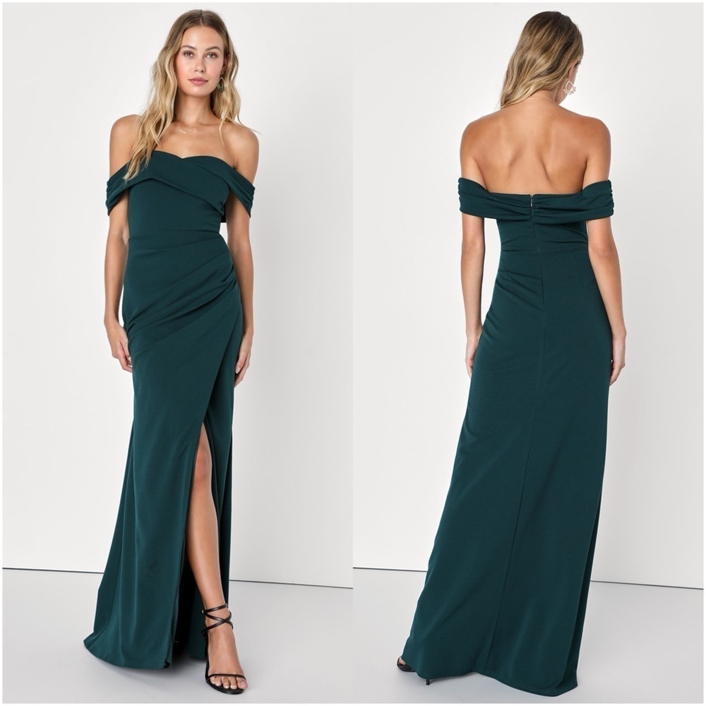 LULU’S High-Class Presence Emerald Green Off The Shoulder Maxi Dress